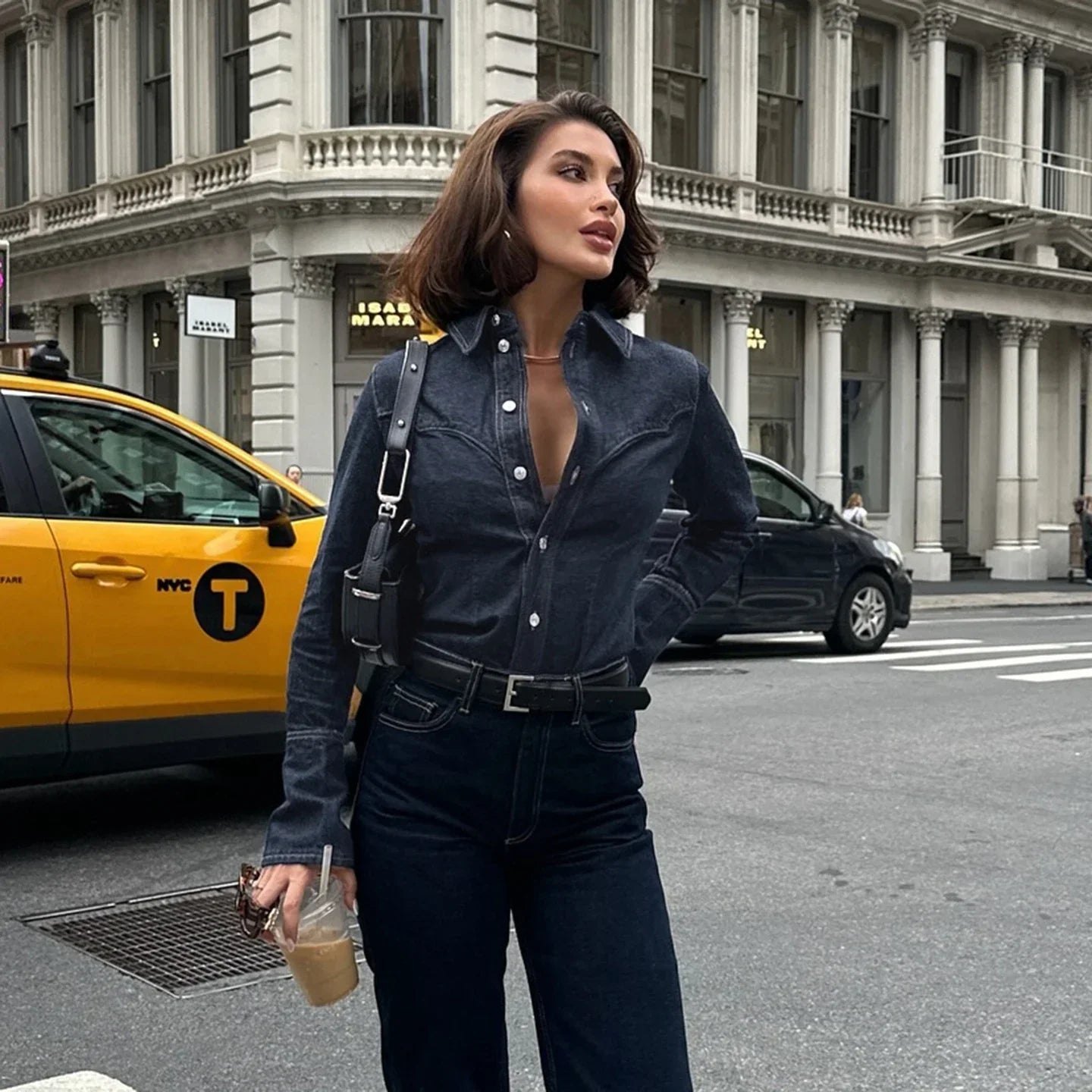 Medium Wash Denim Shirt for Women with Front Button Closure and Regular Fit