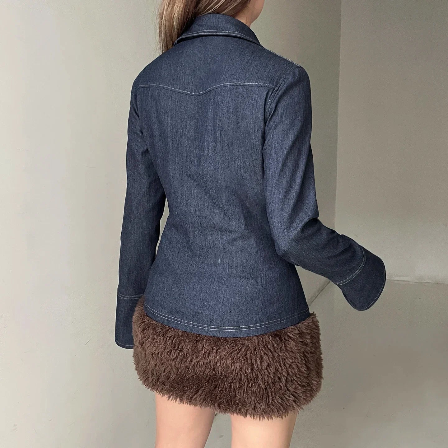 Medium Wash Denim Shirt for Women with Front Button Closure and Regular Fit