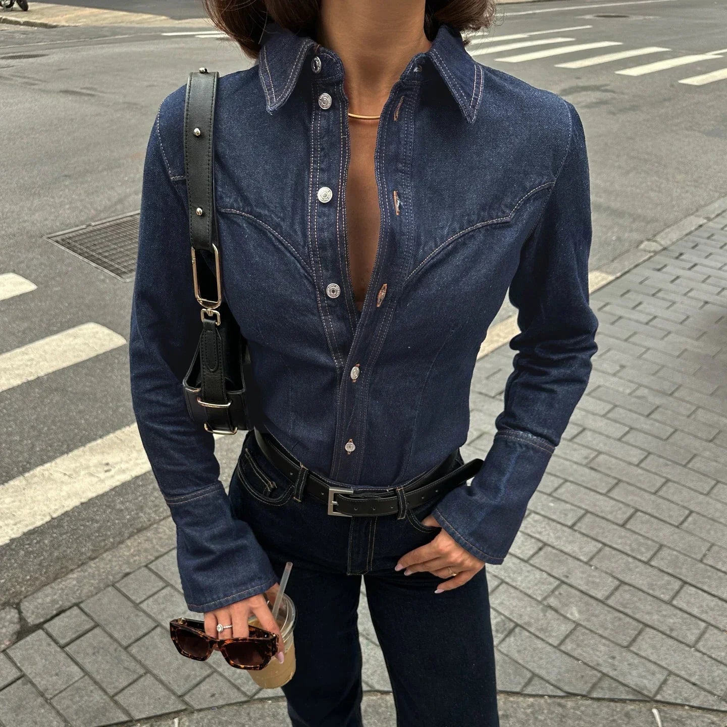 Medium Wash Denim Shirt for Women with Front Button Closure and Regular Fit