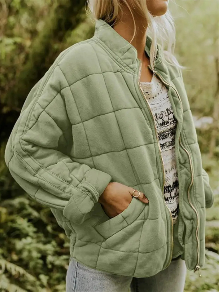 Oversized Bomber Jacket for Women with Ribbed Collar and Hidden Pockets, Light Lining