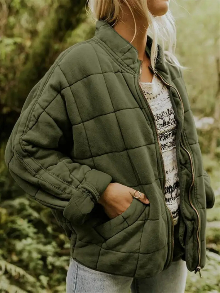 Oversized Bomber Jacket for Women with Ribbed Collar and Hidden Pockets, Light Lining
