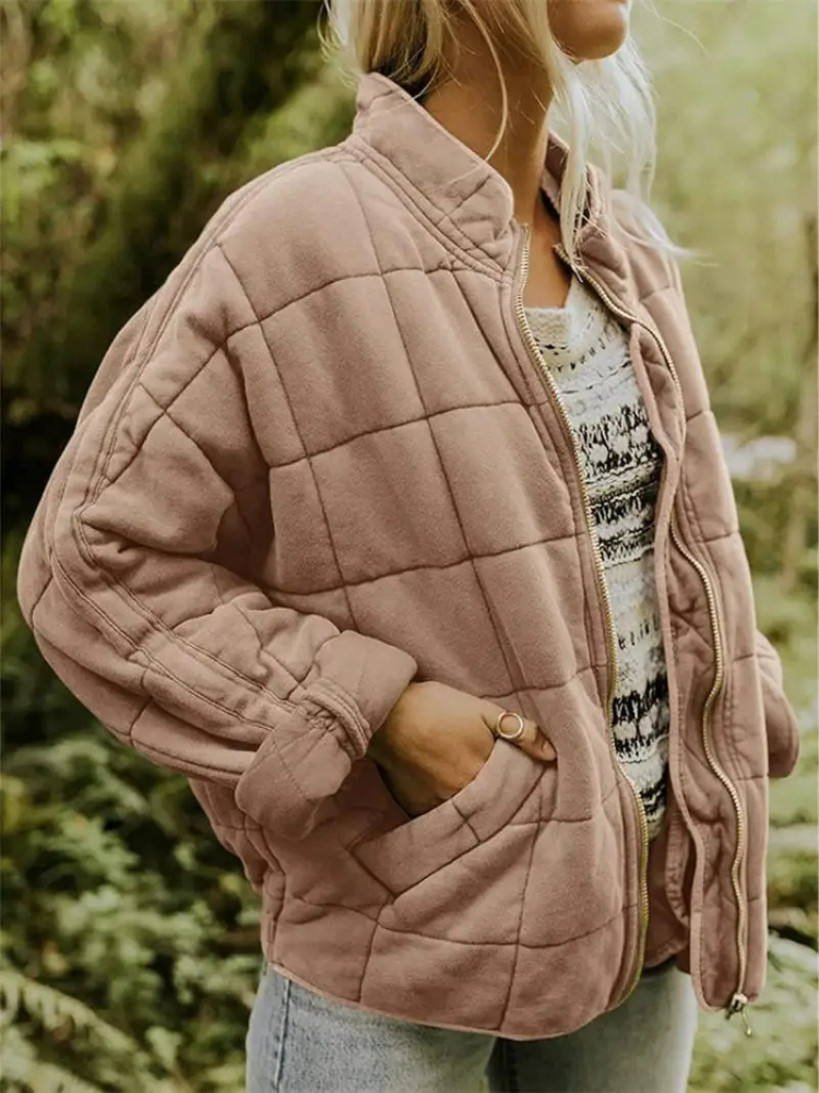 Oversized Bomber Jacket for Women with Ribbed Collar and Hidden Pockets, Light Lining