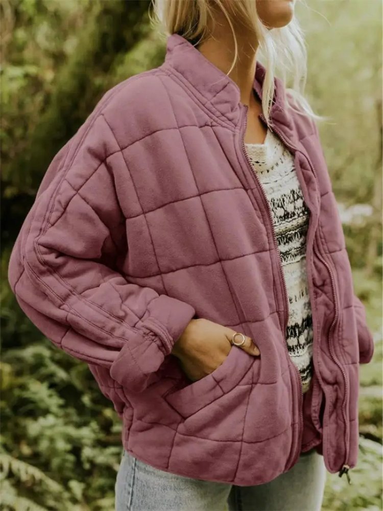 Oversized Bomber Jacket for Women with Ribbed Collar and Hidden Pockets, Light Lining
