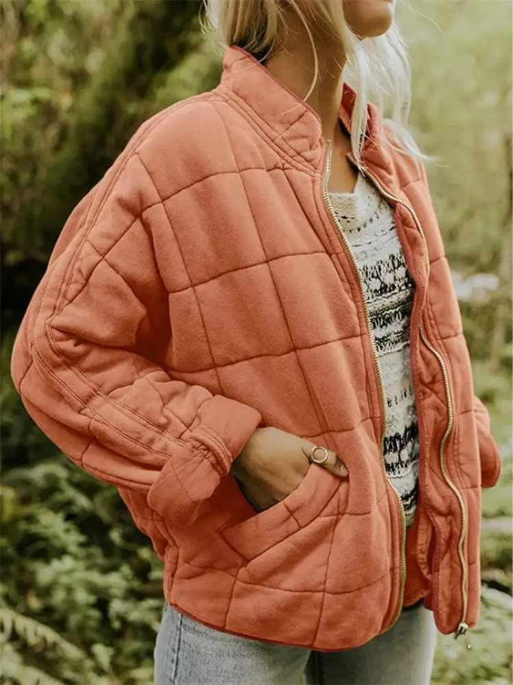 Oversized Bomber Jacket for Women with Ribbed Collar and Hidden Pockets, Light Lining