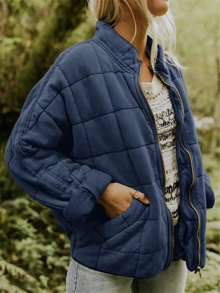 Oversized Bomber Jacket for Women with Ribbed Collar and Hidden Pockets, Light Lining