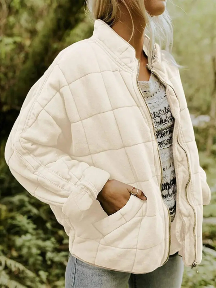 Oversized Bomber Jacket for Women with Ribbed Collar and Hidden Pockets, Light Lining