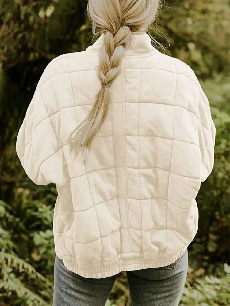 Oversized Bomber Jacket for Women with Ribbed Collar and Hidden Pockets, Light Lining