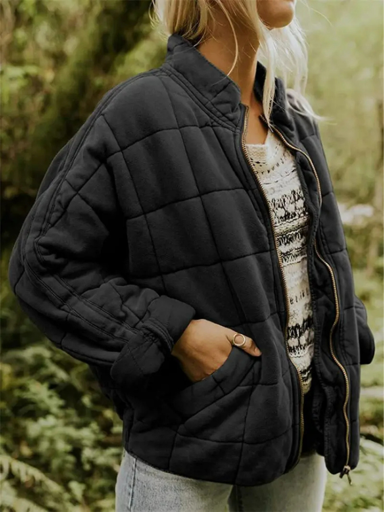 Oversized Bomber Jacket for Women with Ribbed Collar and Hidden Pockets, Light Lining