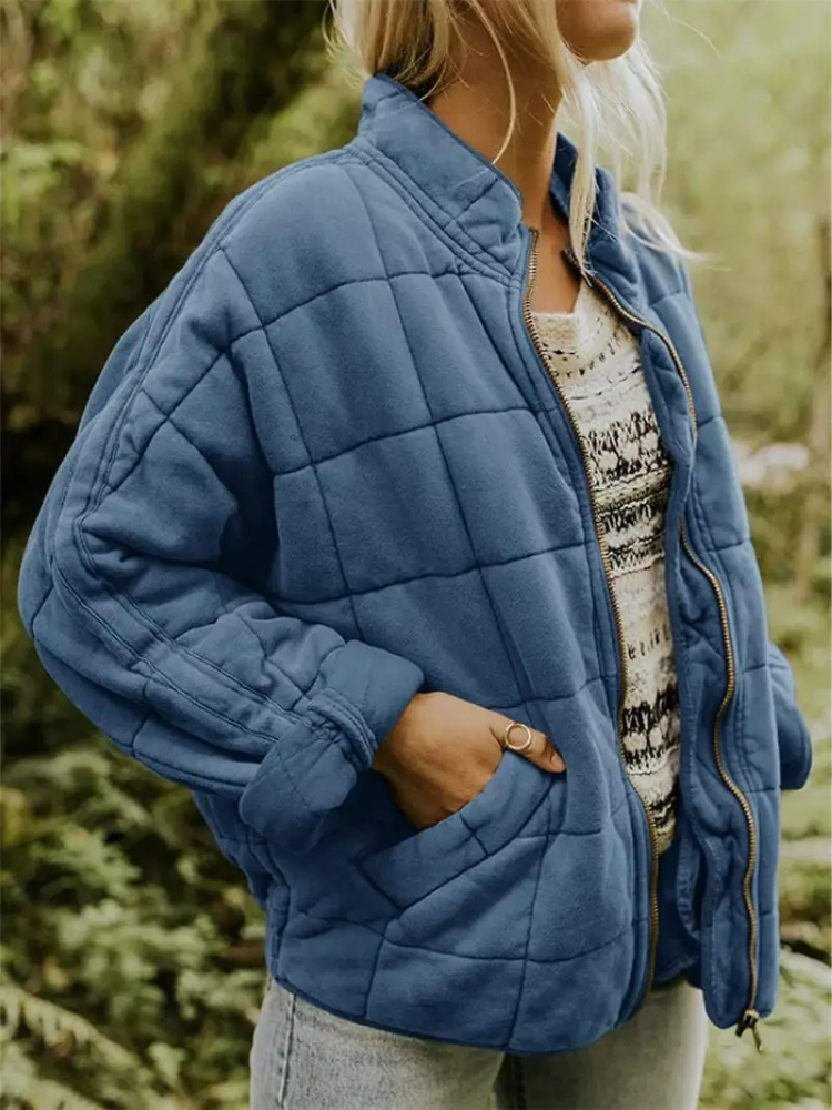 Oversized Bomber Jacket for Women with Ribbed Collar and Hidden Pockets, Light Lining