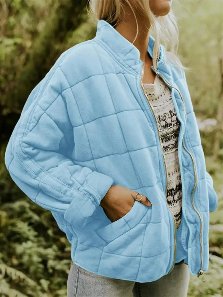 Oversized Bomber Jacket for Women with Ribbed Collar and Hidden Pockets, Light Lining