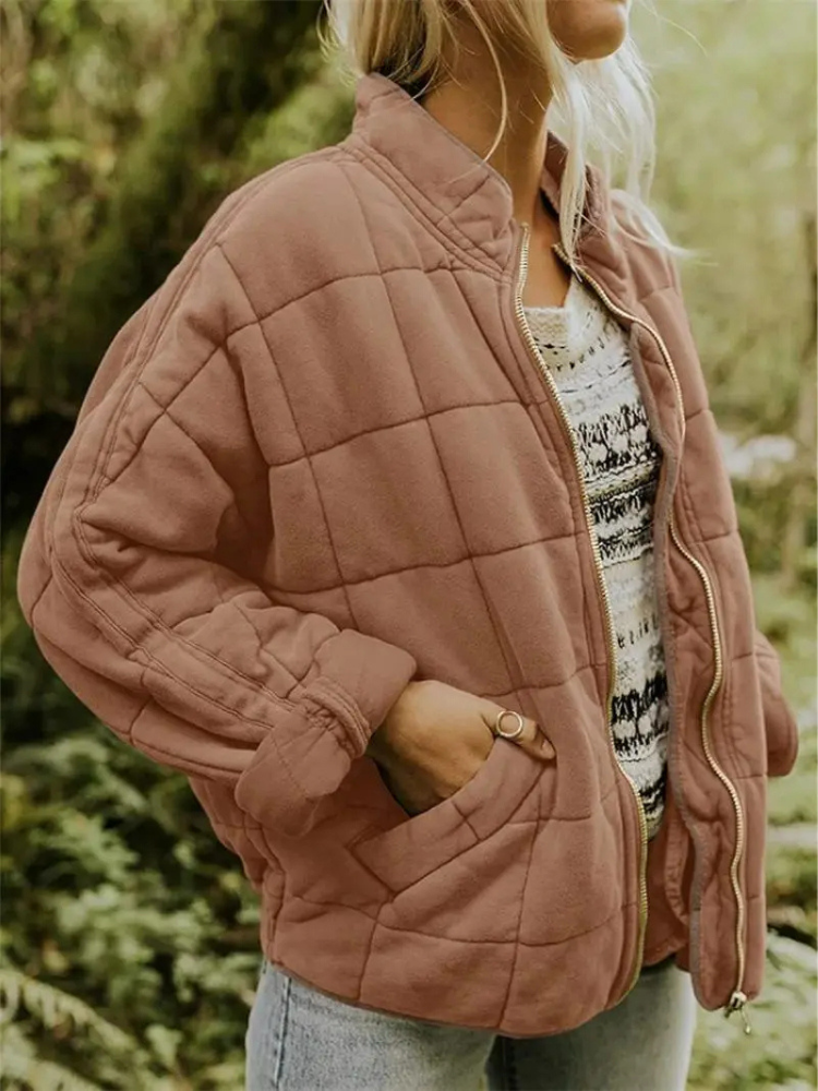 Oversized Bomber Jacket for Women with Ribbed Collar and Hidden Pockets, Light Lining