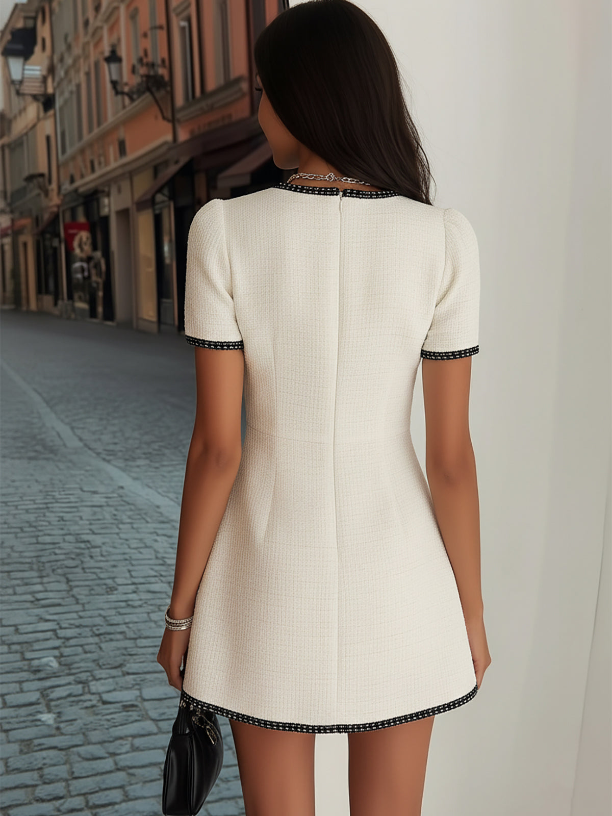 Cream Tweed Dress with Black Trim Detail and Loose Fit