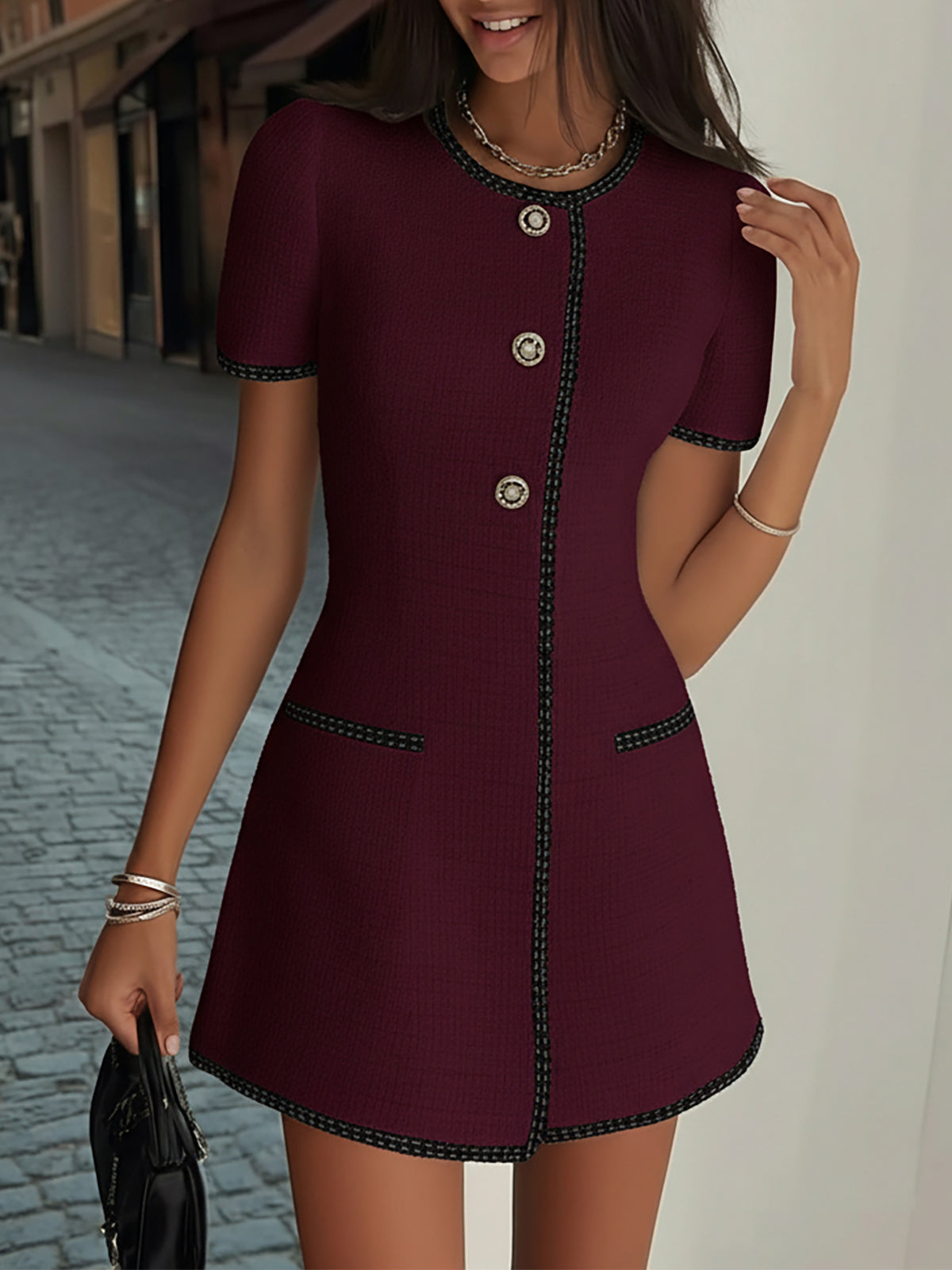 Cream Tweed Dress with Black Trim Detail and Loose Fit