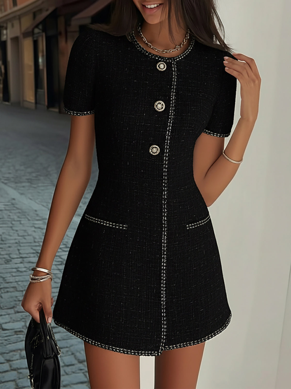 Cream Tweed Dress with Black Trim Detail and Loose Fit