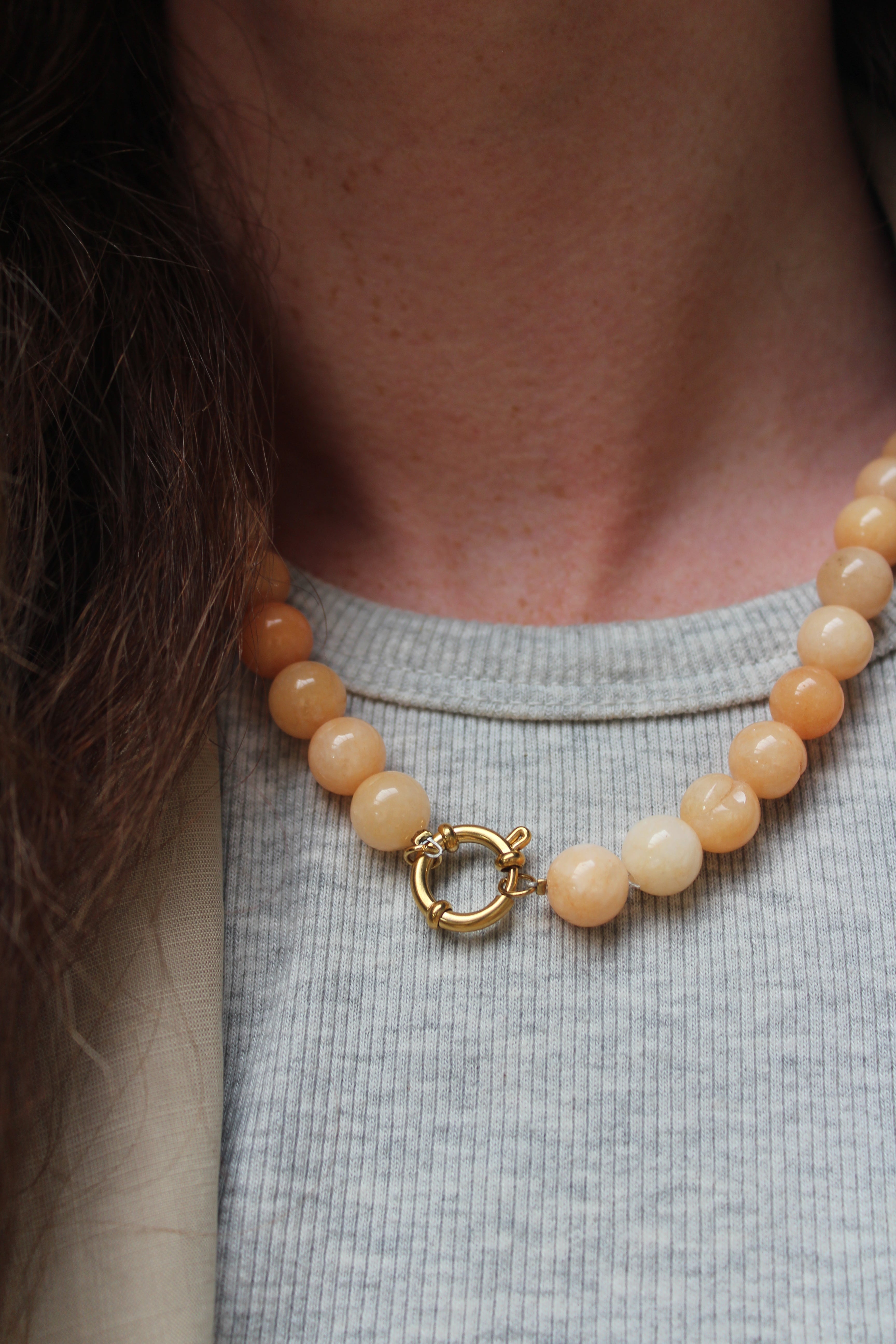 White Jade Stone Bead Necklace with Stainless Steel and Natural Variations