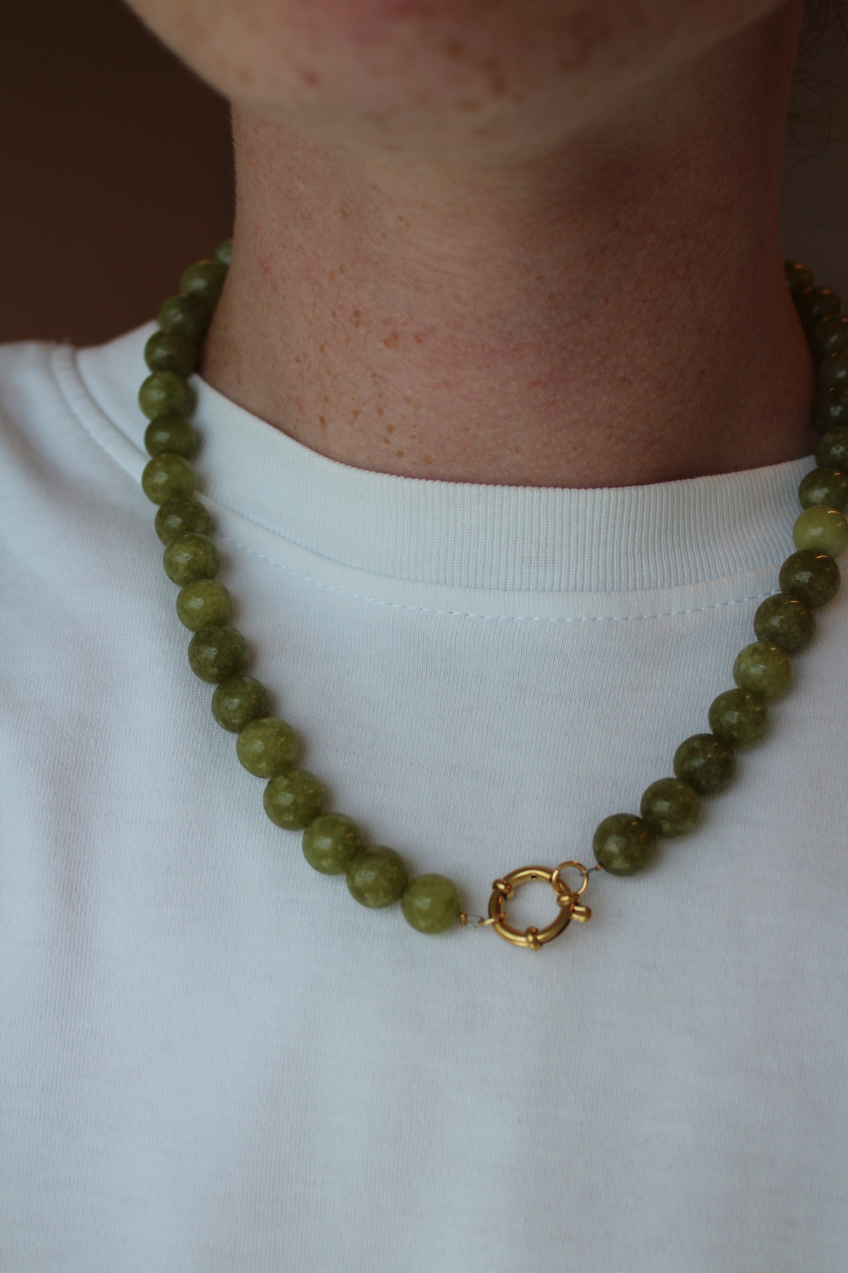 White Jade Stone Bead Necklace with Stainless Steel and Natural Variations