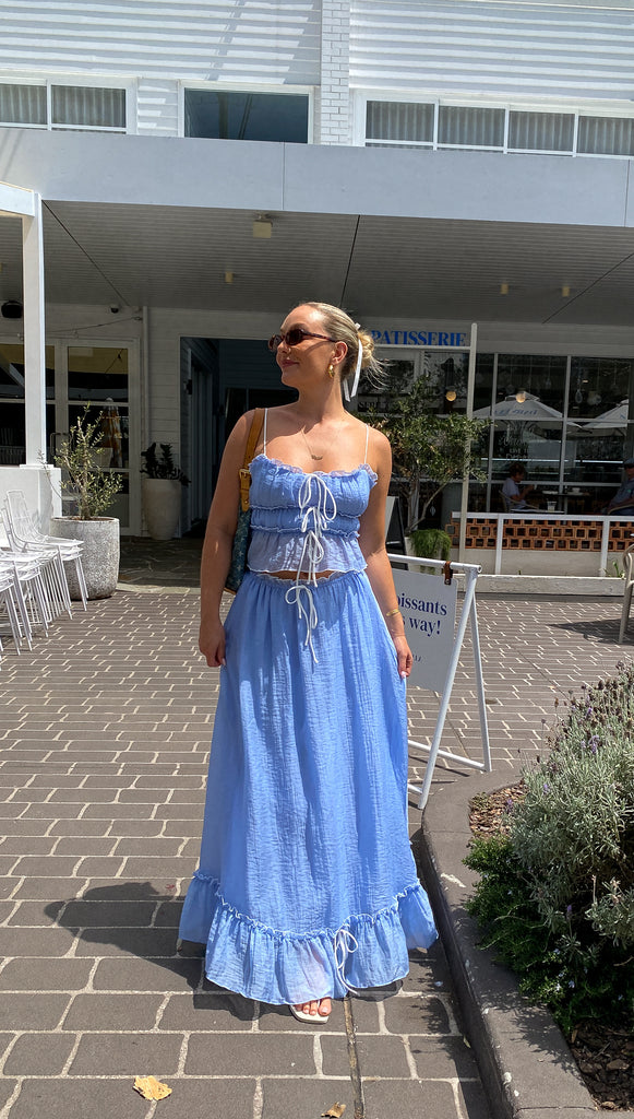 Ruffled Crop Top and Maxi Skirt Set with Breathable Crinkle Fabric