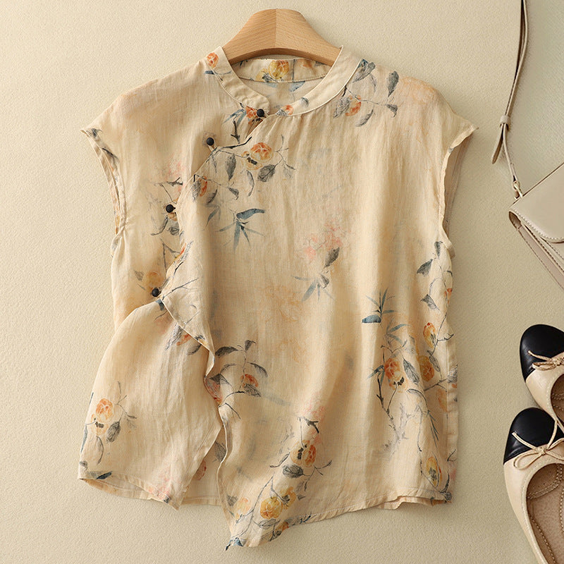 Sleeveless Floral Top with Mandarin Collar and Diagonal Button Closure