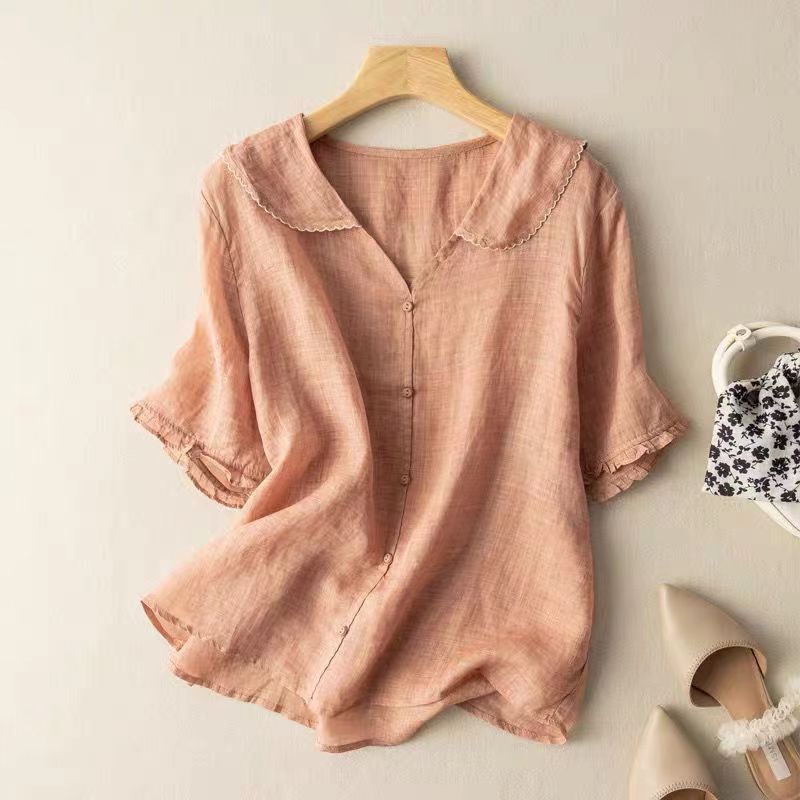 Vintage Scalloped Collar Blouse with Relaxed Fit and Breathable Fabric