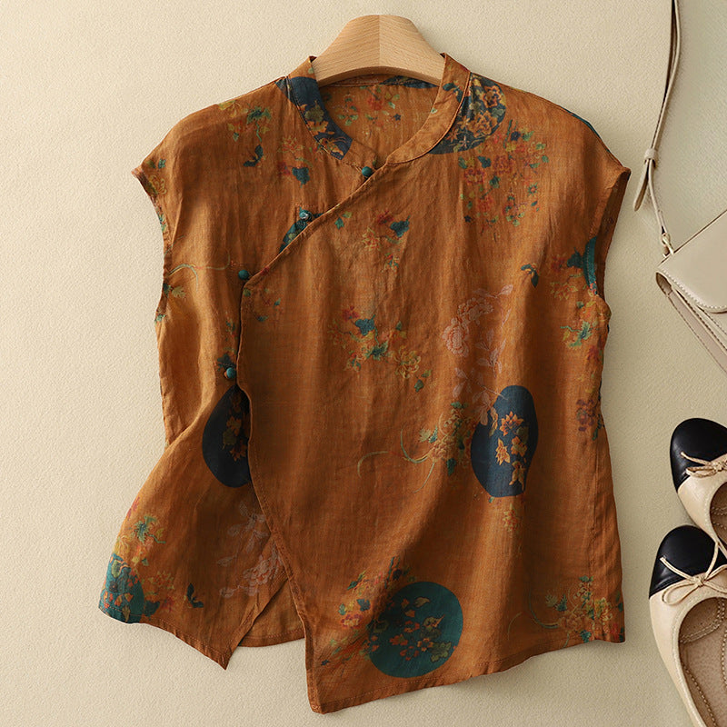 Sleeveless Floral Top with Mandarin Collar and Diagonal Button Closure
