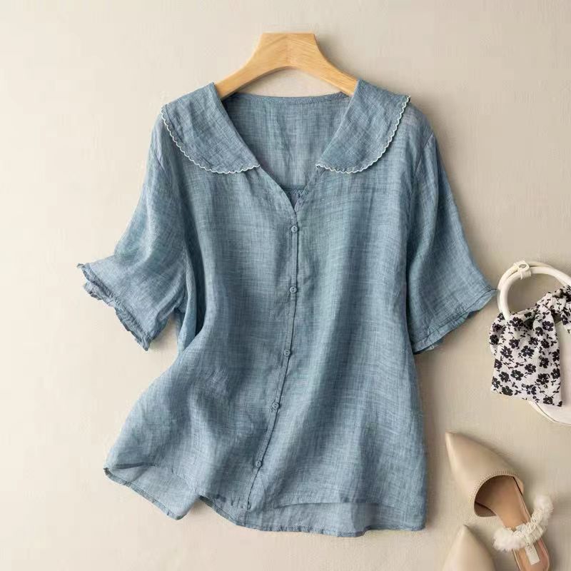 Vintage Scalloped Collar Blouse with Relaxed Fit and Breathable Fabric