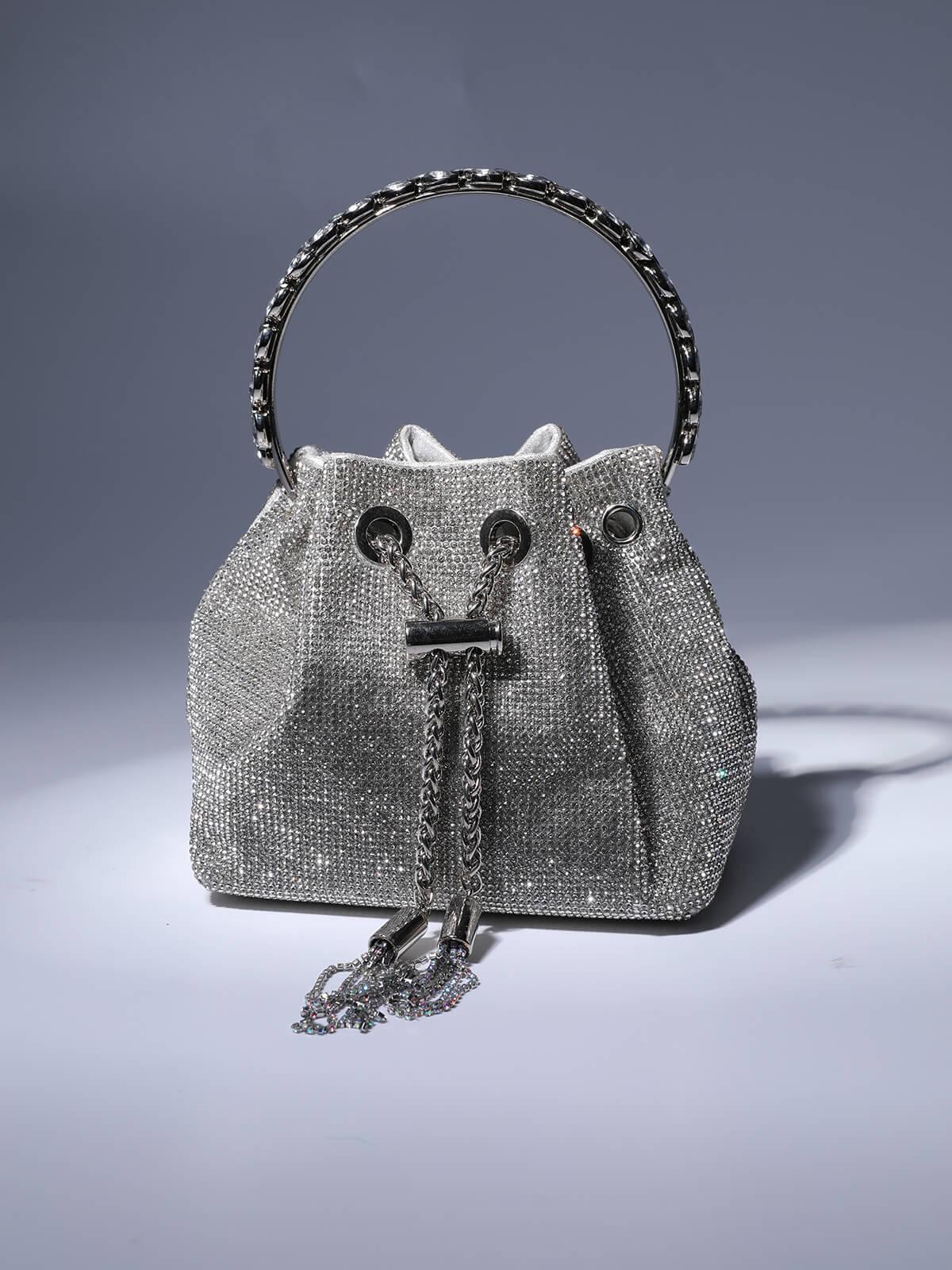 Crystal Embellished Silver Bucket Bag with Drawstring Closure and Top Handle