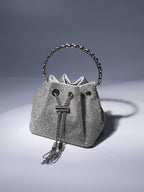 Crystal Embellished Silver Bucket Bag with Drawstring Closure and Top Handle