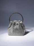 Crystal Embellished Silver Bucket Bag with Drawstring Closure and Top Handle