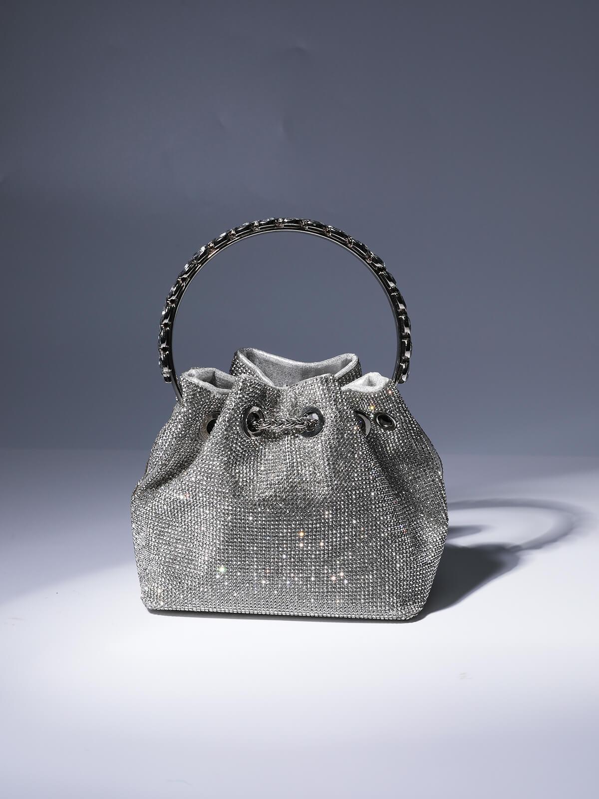 Crystal Embellished Silver Bucket Bag with Drawstring Closure and Top Handle