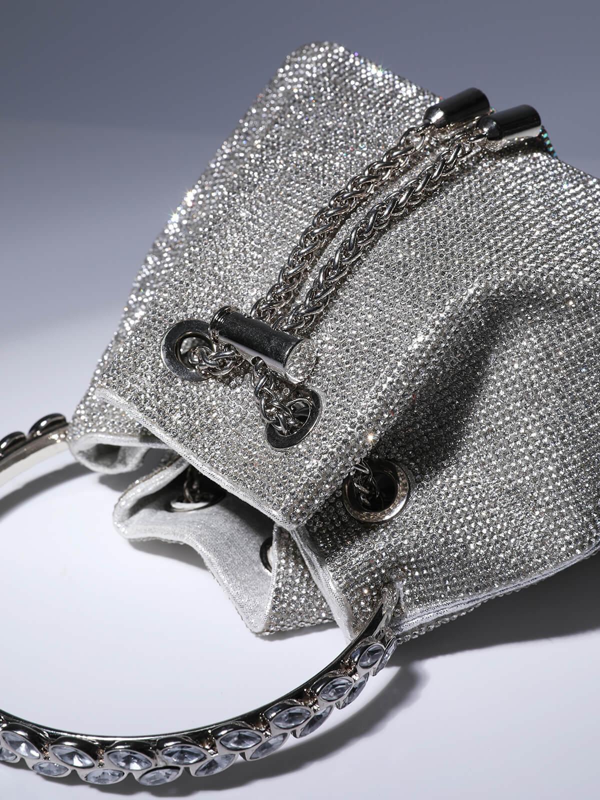 Crystal Embellished Silver Bucket Bag with Drawstring Closure and Top Handle