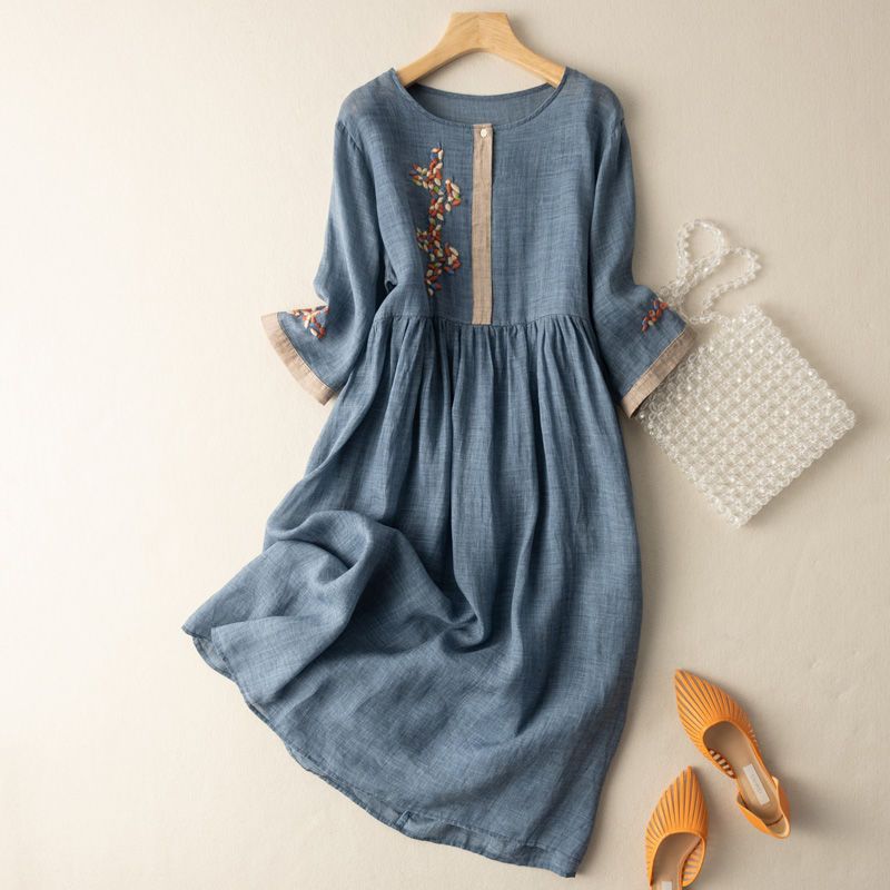 Embroidered Midi Dress with Gathered Waist and Half Length Sleeves