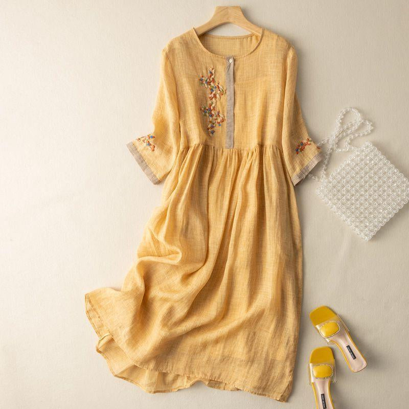 Embroidered Midi Dress with Gathered Waist and Half Length Sleeves