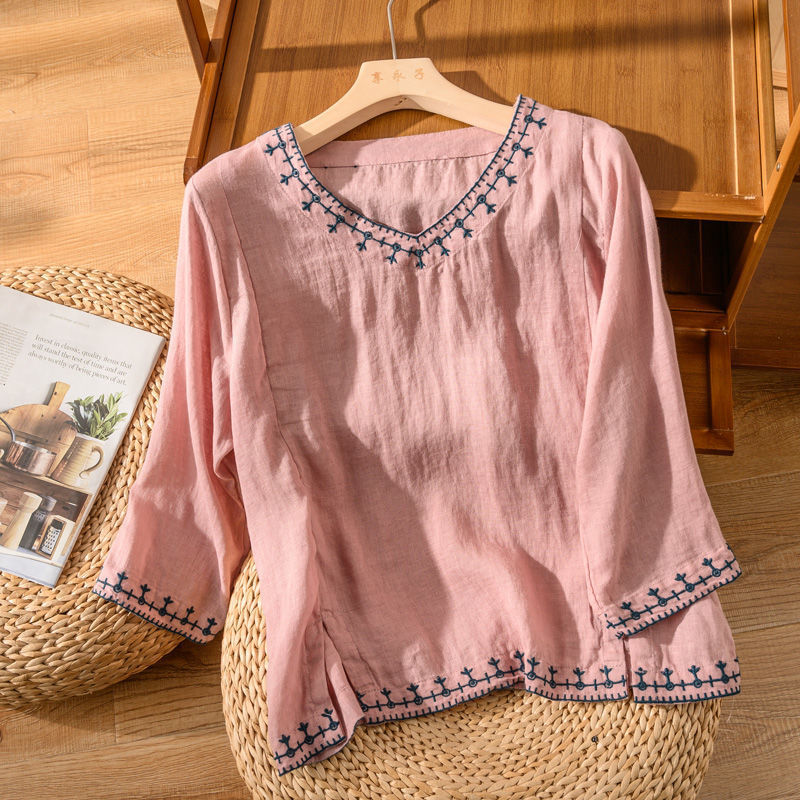 Embroidered V-Neck Blouse with Relaxed Fit and Lightweight Breathable Fabric