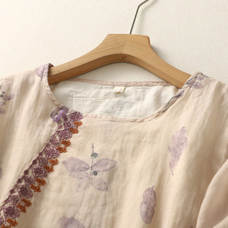 Embroidered Button Front Blouse with Floral Detail and Sheer Shoulder Panels