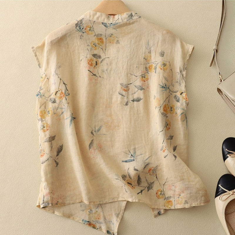 Sleeveless Floral Top with Mandarin Collar and Diagonal Button Closure