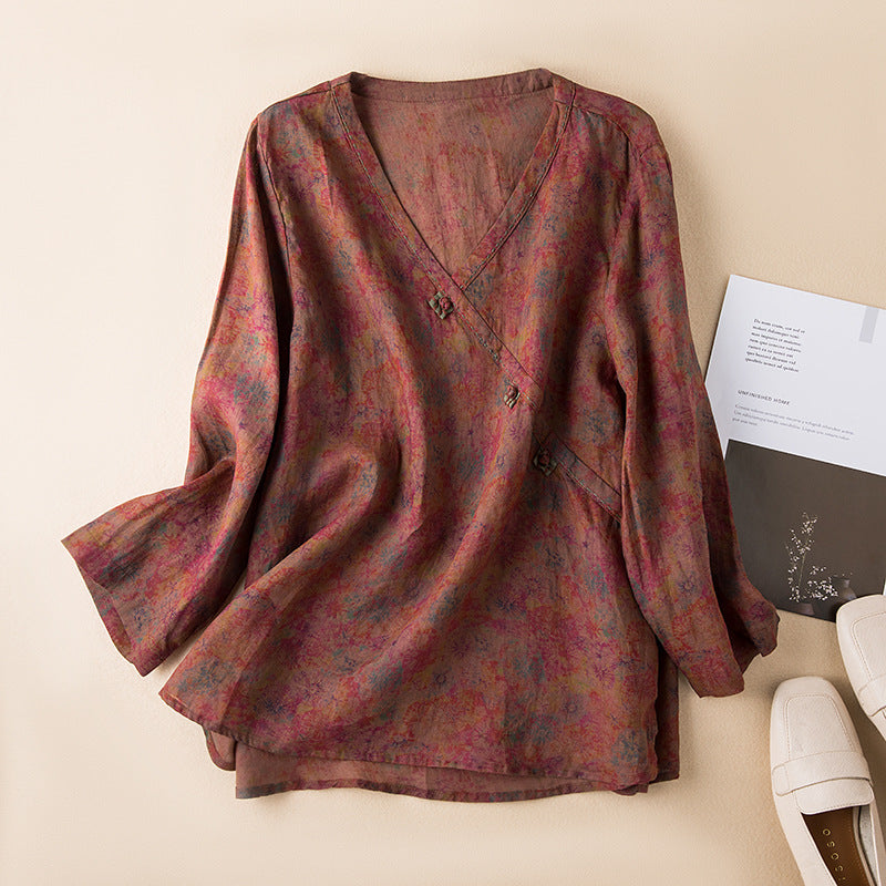 Embroidered Button Front Blouse with Convertible Roll-Up Sleeves and Relaxed Drape