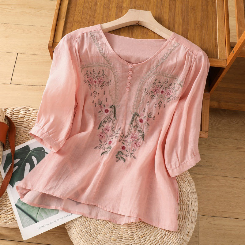 Women's Floral Embroidered Blouse with Button V Neckline and Relaxed Fit
