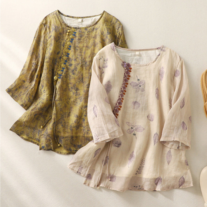 Embroidered Button Front Blouse with Floral Detail and Sheer Shoulder Panels
