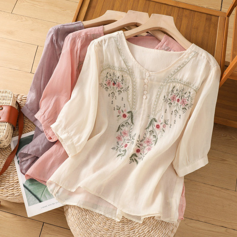 Women's Floral Embroidered Blouse with Button V Neckline and Relaxed Fit