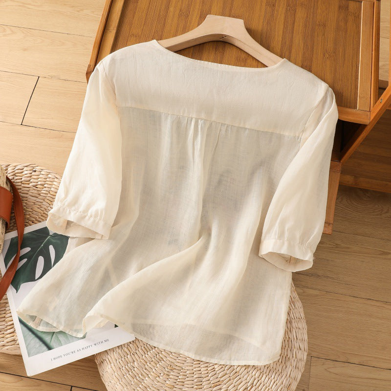 Women's Floral Embroidered Blouse with Button V Neckline and Relaxed Fit