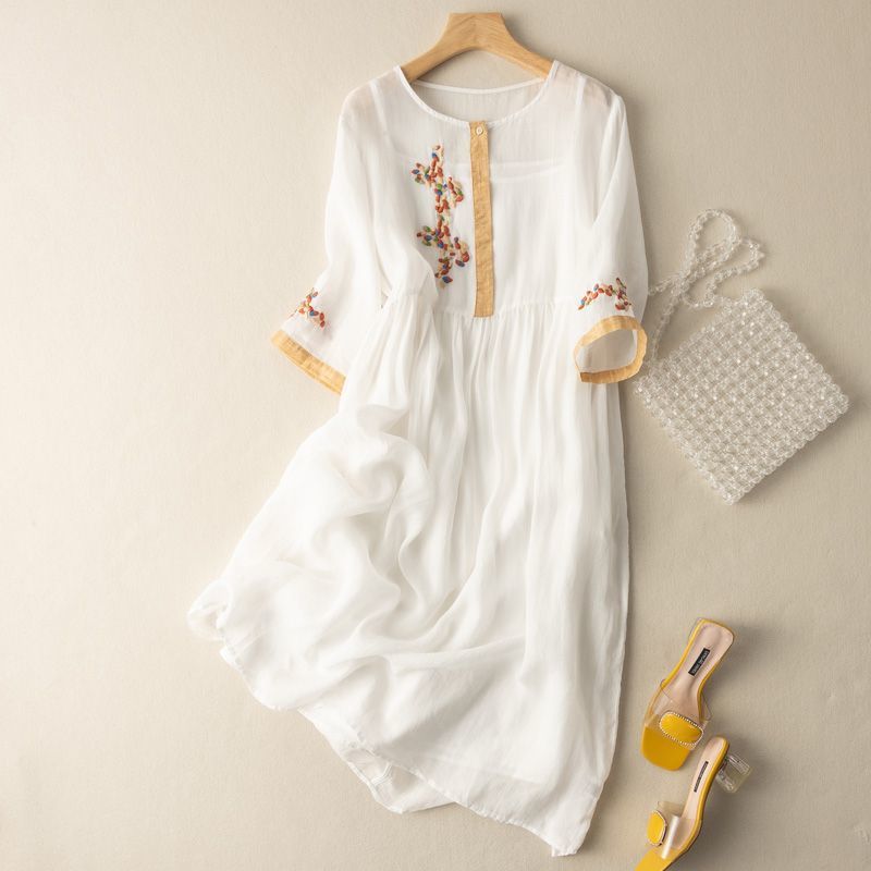 Embroidered Midi Dress with Gathered Waist and Half Length Sleeves