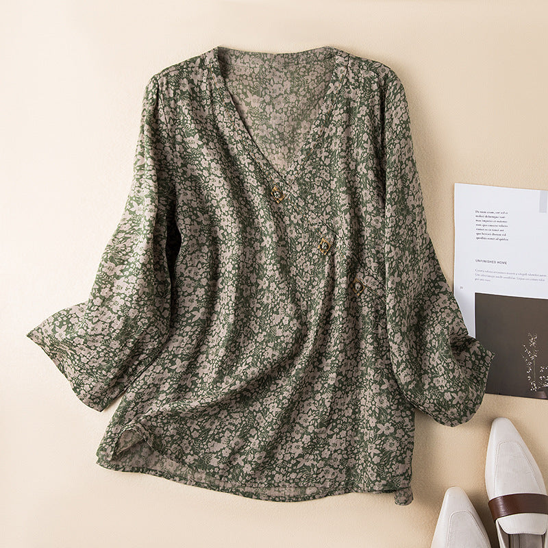 Embroidered Button Front Blouse with Convertible Roll-Up Sleeves and Relaxed Drape