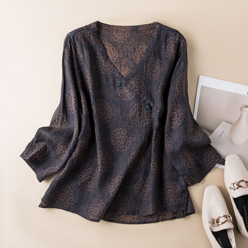 Embroidered Button Front Blouse with Convertible Roll-Up Sleeves and Relaxed Drape
