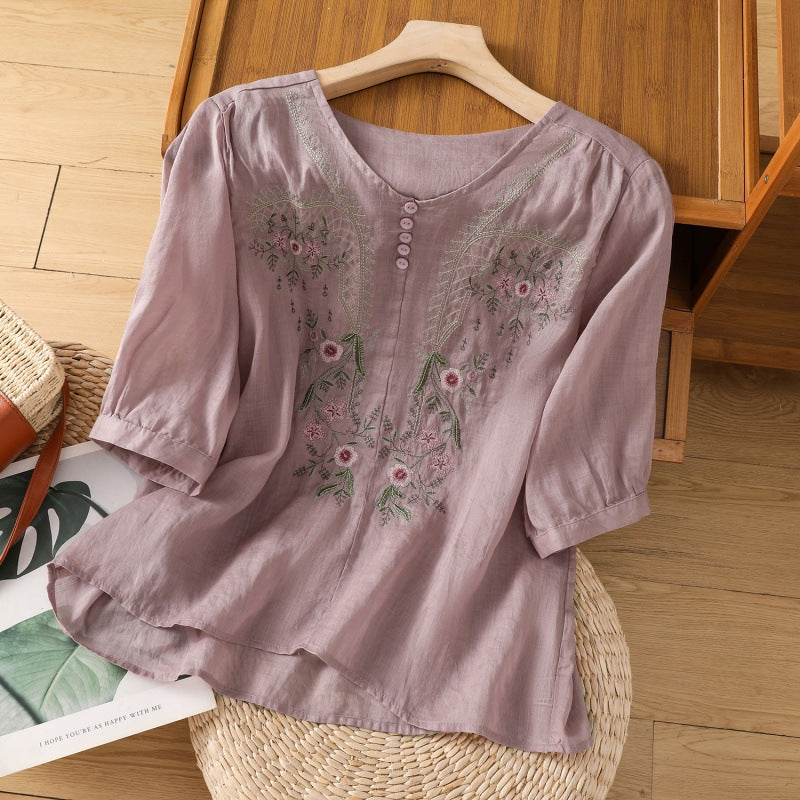 Women's Floral Embroidered Blouse with Button V Neckline and Relaxed Fit