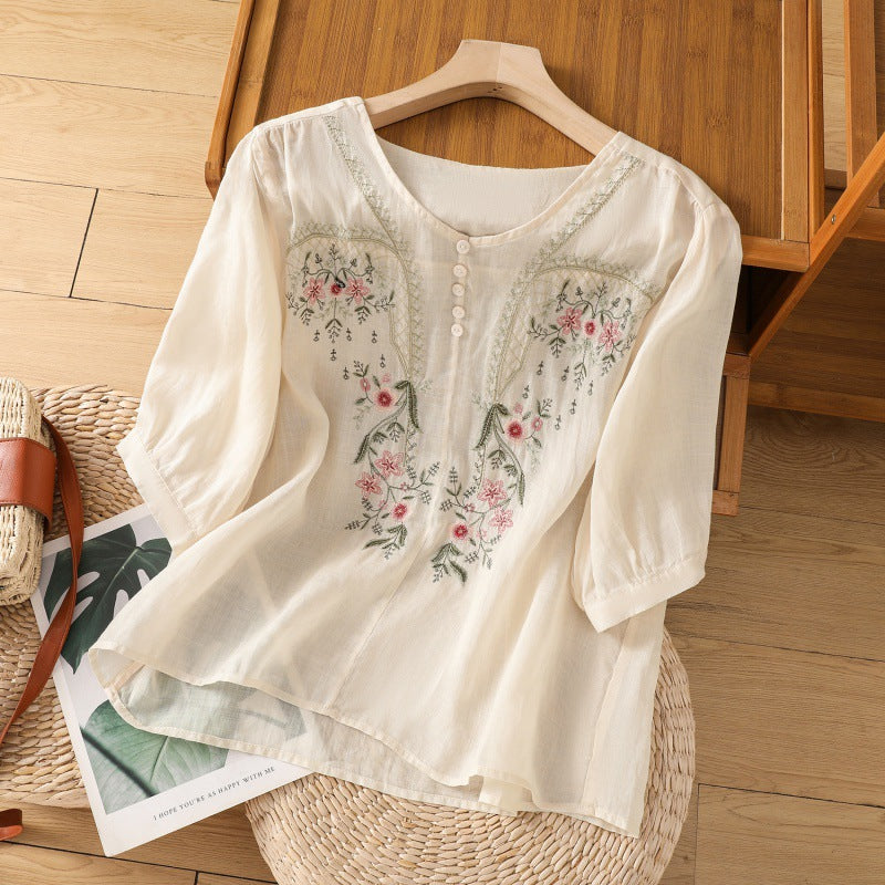 Women's Floral Embroidered Blouse with Button V Neckline and Relaxed Fit