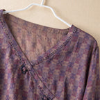 Embroidered Button Front Blouse with Convertible Roll-Up Sleeves and Relaxed Drape