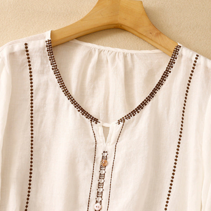 Women's Button Front Blouse with Flutter Ruffle Sleeves and Embroidered Yoke Detail