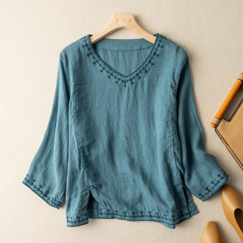 Embroidered V-Neck Blouse with Relaxed Fit and Lightweight Breathable Fabric