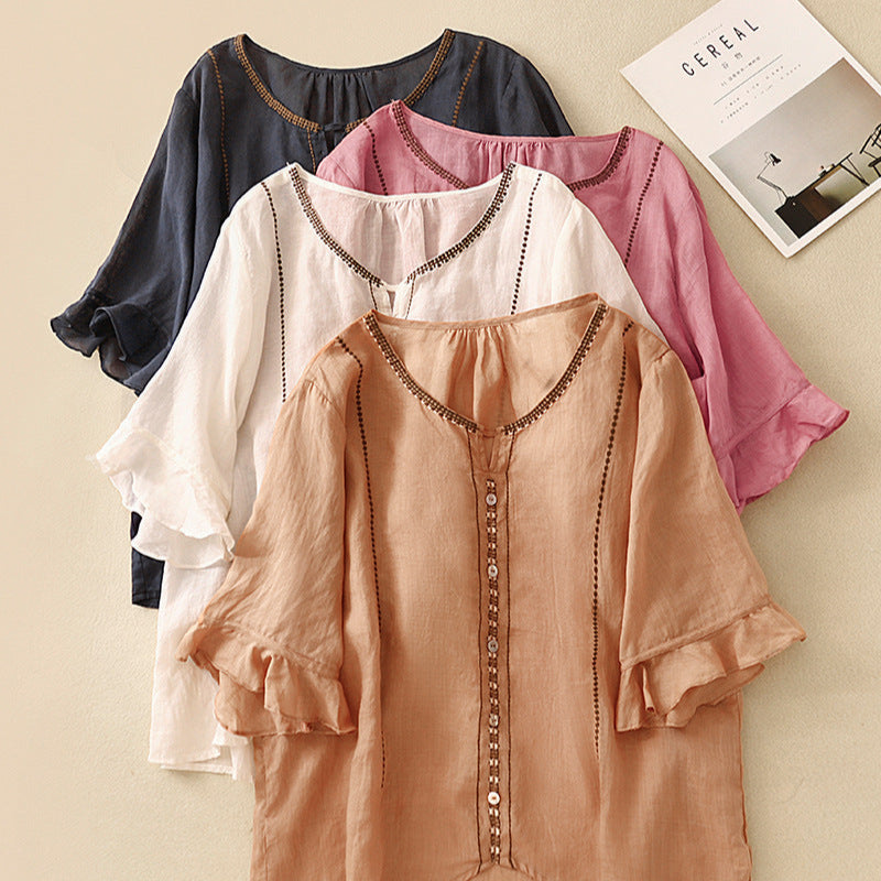 Women's Button Front Blouse with Flutter Ruffle Sleeves and Embroidered Yoke Detail