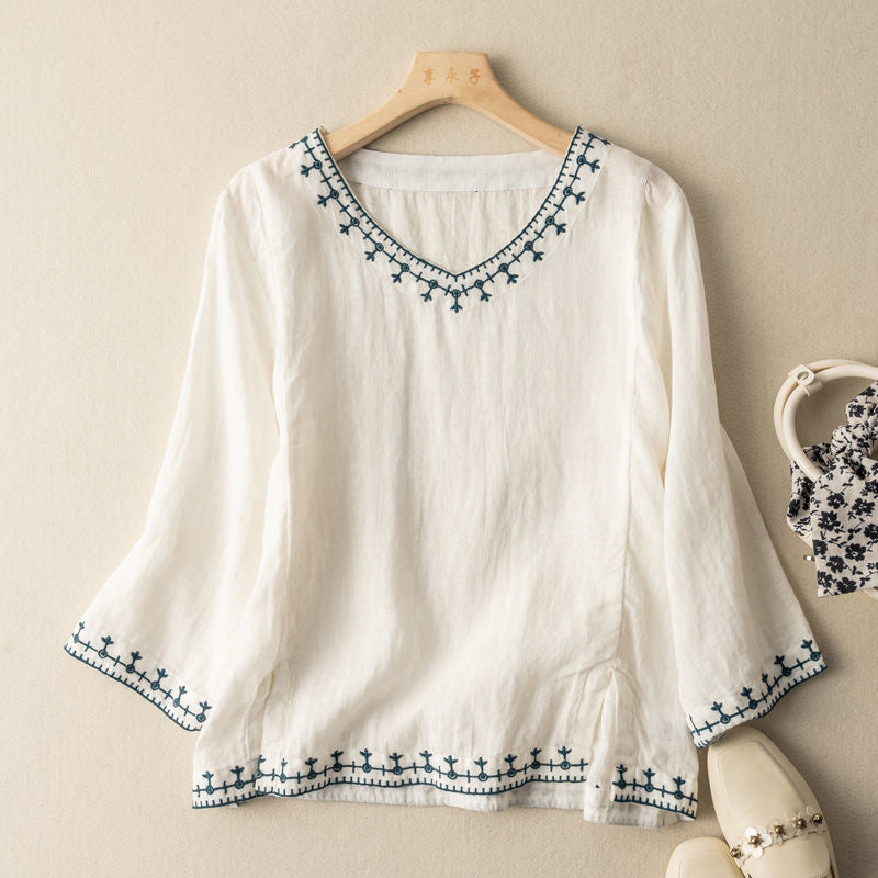 Embroidered V-Neck Blouse with Relaxed Fit and Lightweight Breathable Fabric